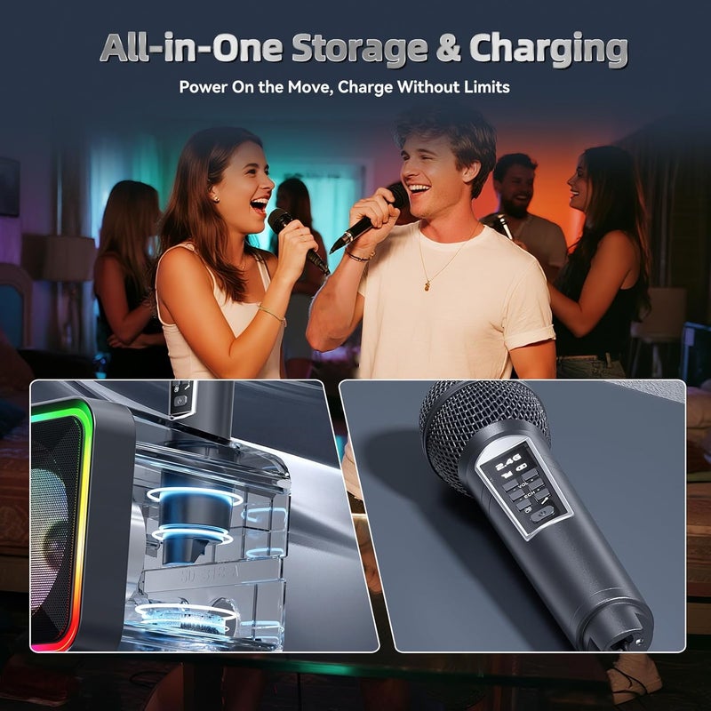 SDRD 215 Bluetooth Karaoke Machine for Adult Kid with Storage and Charging Station, Powerful Karaoke System, 12H Playtime, Rechargeable Wirless Microphone, Support USB/AUX Indoor Outdoor - Image 2